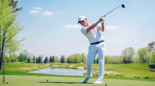Sport man driving putts golf ball in field on holiday , an Exercise .