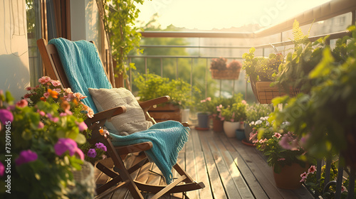 Beautiful balcony or terrace with wooden floor, chair and green potted flowers plants. Cozy relaxing area at home , generative ai photo