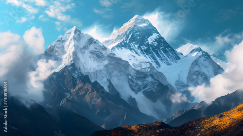 Majestic Snow-Capped Mountain Peaks with Clouds and Blue Sky