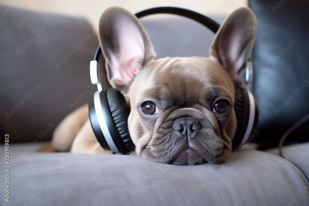 Cute French bulldog on headphone and listen to music sit on a sofa with man, Pet and animal.