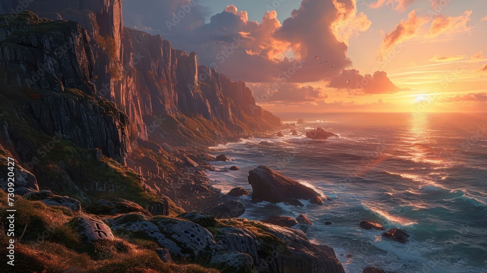 Ancient Nordic landscape at sunset, featuring rugged cliffs, ancient runes, and a breathtaking coastal panorama