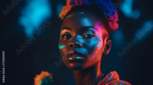modern fantastic african model posing at camera, fluorescent prints on her body and skin, glowing on ultra violet lights. interesting colorful portrait