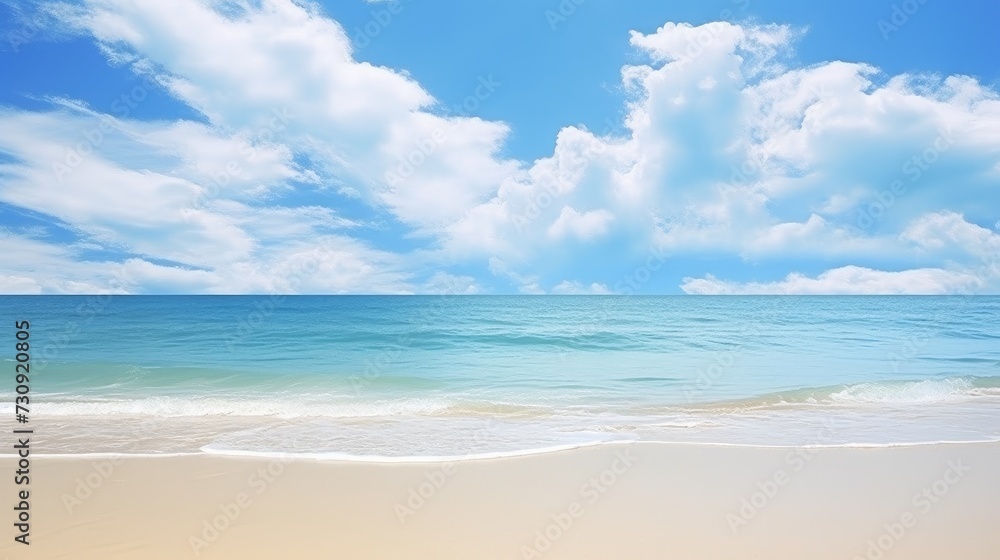 Tranquil Beach Paradise: Fluffy Clouds Over Pristine Ocean Waters - Generative AI