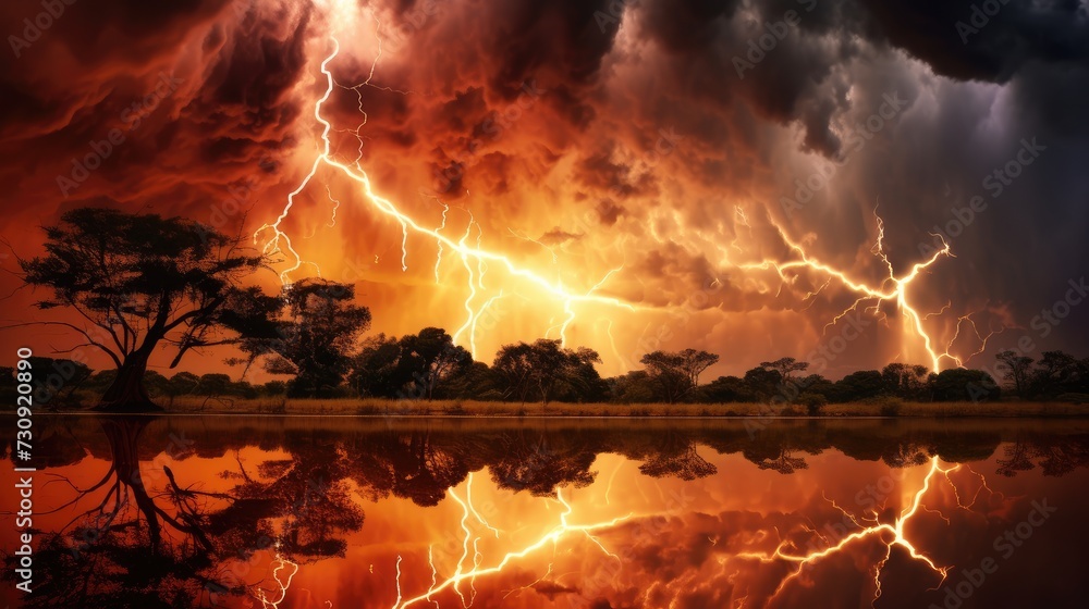 Dramatic Thunderstorm Over Savannah: Lightning Strikes Reflected - Generative AI