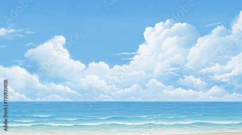 Tranquil Beach Paradise  Fluffy Clouds Over Pristine Ocean Waters - Generative AI