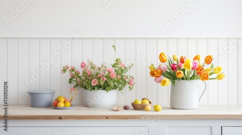 Scandinavian style kitchen with white wooden background showcasing a bright spring bouquet.