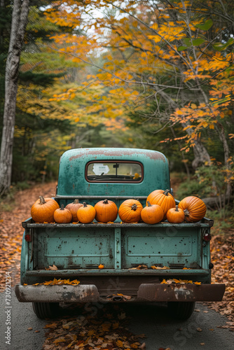 Pumpkins on back of vintage pickup truck