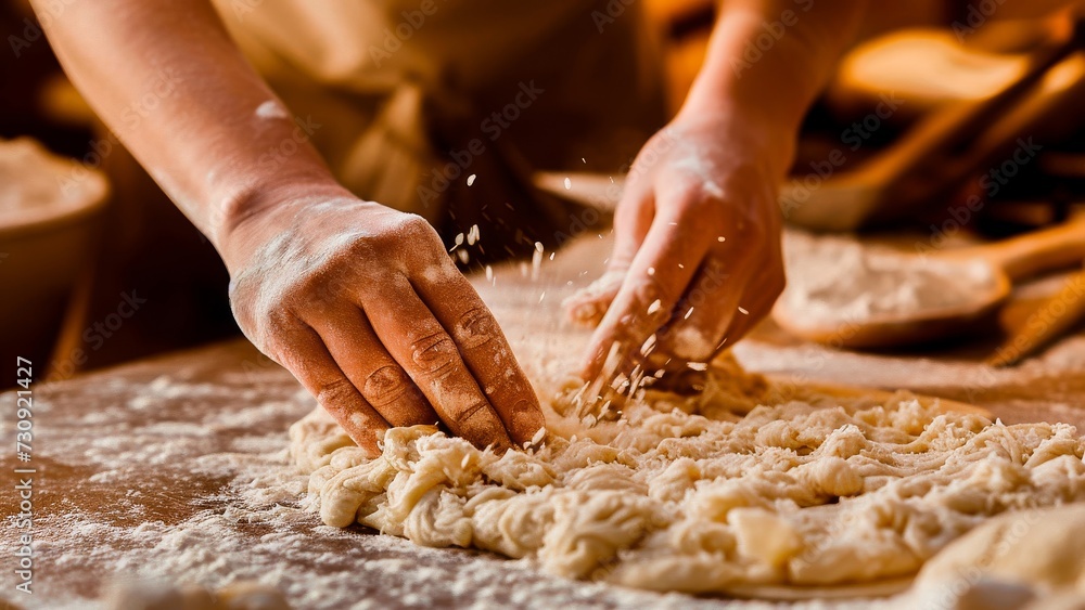 Close-up of hands kneading dough on a flour-covered surface, capturing the homemade baking process.