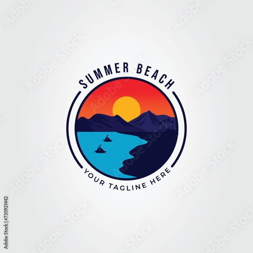 beach or ocean blue with mountain logo vector illustration design