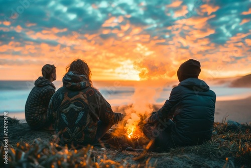 Three friends gathered around a bonfire on the beach  enjoying the warmth and colors of a scenic sunset.