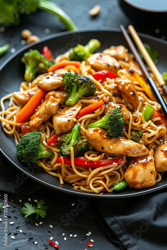 Plate of chicken stirfry with noodles and veggies