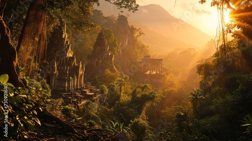 Ancient Southeast Asian jungle landscape at sunset, depicting ancient temples and dense foliage illuminated by the fading sun