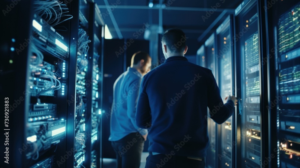 IT specialists at server room, repair servers