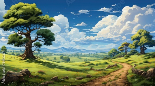 Animated landscape  rich in detail and color. A winding dirt path meanders through a green field.
