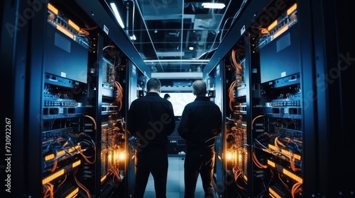 IT specialists at server room, repair servers photo
