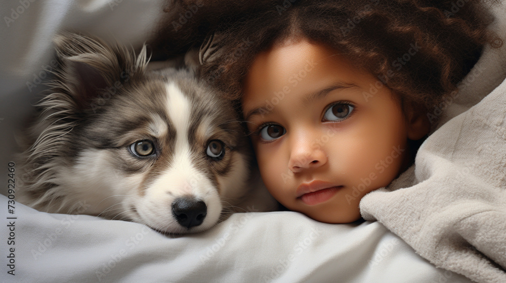 Small child lies on a bed with a dog. Dog and cute baby childhood friendship. Little boy and Dog
Small child lies on a bed with a dog. Dog and cute baby childhood friendship. Little boy and Dog