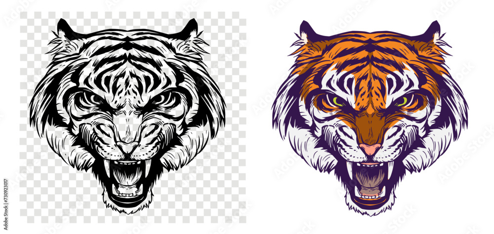 Growling tiger, realistic sketch, vector illustration, drawn by hand, black outline on a transparent background Growling tiger, realistic sketch, vector illustration, drawn by hand, black outline on a transparent background