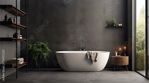 a dark bathroom with a shower and bathtub on a concrete floor, along with bathing accessories on a wall shelf. A window overlooks the countryside and there is an empty grey wall with copy space.
