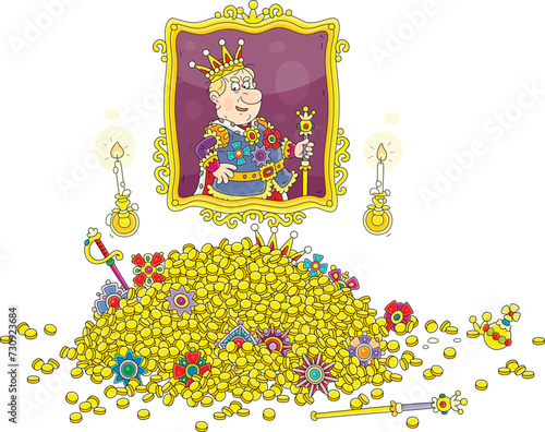 Large pile of gold coins and jewels from a royal treasury of an angry king and his big formal portrait in a golden frame in a palace of a fairytale kingdom, vector cartoon illustration on white