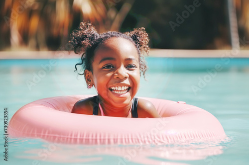 African American joyful laughing girl in the pool, floating on a pink swimming ring on a sunny day.
