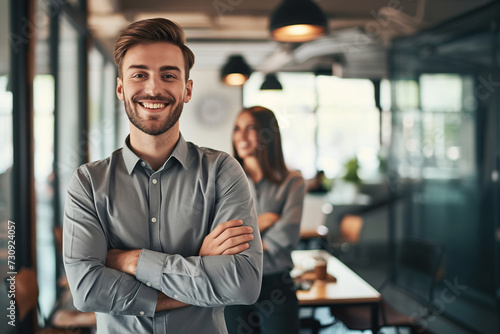 A portrait of a cheerful businessman standing in a conference room with his arms crossed.