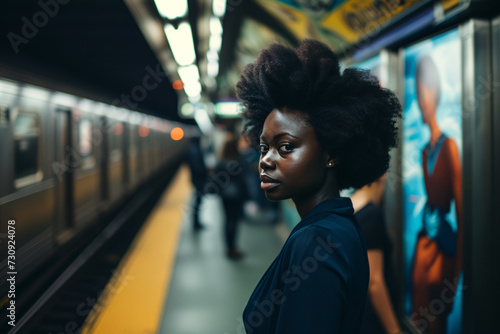African woman waiting in the metro.