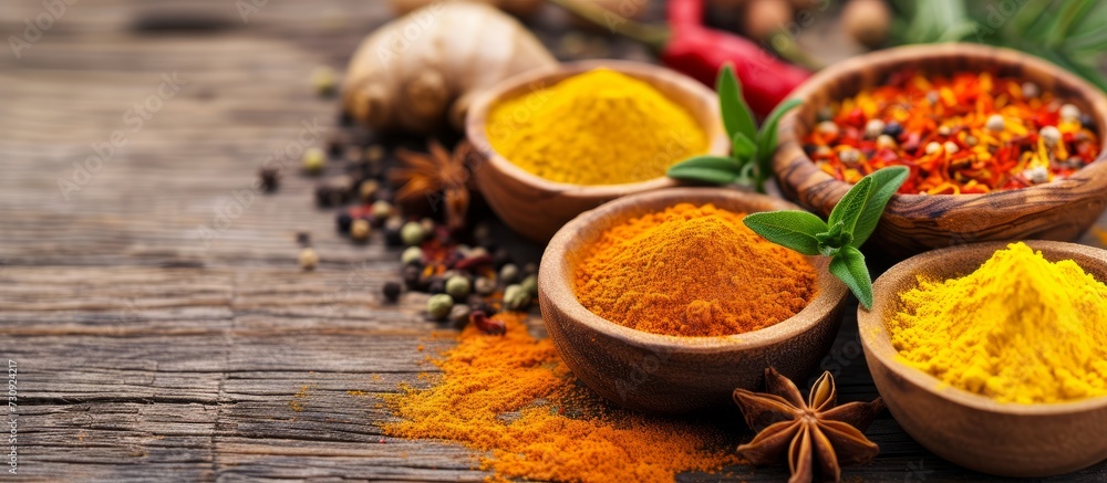 Herbs and spices on wooden background: turmeric and fresh variety.