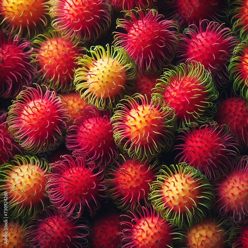 Close up many rambutan with colorful of red peel, Thai delicious fruit