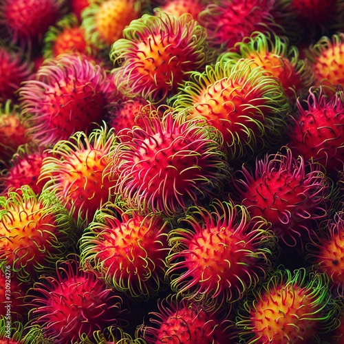 Close up many rambutan with colorful of red peel, Thai delicious fruit