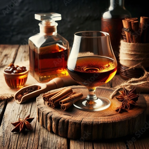 Cognac or whiskey drink on rustic wooden table