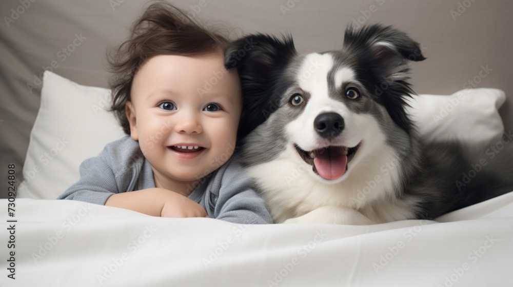 Small child lies on a bed with a dog. Dog and cute baby childhood friendship. Little boy and Dog Small child lies on a bed with a dog. Dog and cute baby childhood friendship. Little boy and Dog