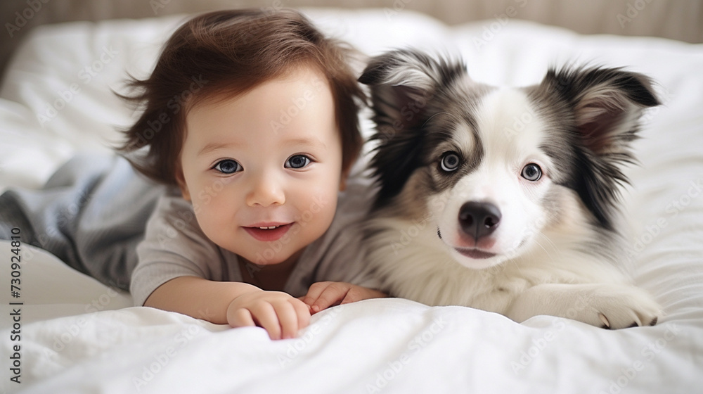 Small child lies on a bed with a dog. Dog and cute baby childhood friendship. Little boy and Dog Small child lies on a bed with a dog. Dog and cute baby childhood friendship. Little boy and Dog