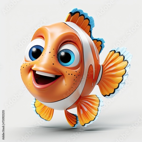 Stylized 3D illustration of a friendly cartoon character Nemo, clownfish, isolated. white background. 3D art of an orange clownfish. Cute fish print on clothes, stationery, books, children's products.