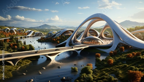A futuristic bridge spanning a vast river