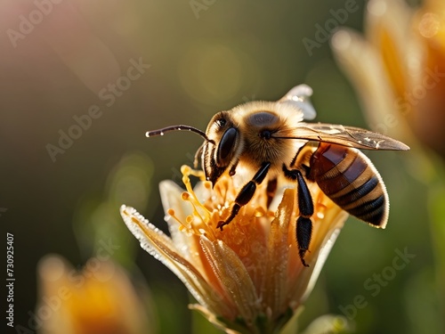 bee on flower dew on a bee with a sunrise macro shot natural lighting © buddhika