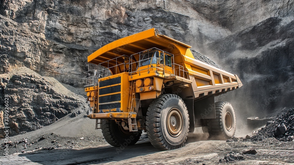 Excavator loads rock formation into the back of a heavy mining dump truck. Large quarry dump truck. Excavator loads rock formation into the back of a heavy mining dump truck. Large quarry dump truck.
