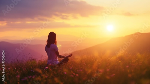 Woman practices yoga and meditates on mountain