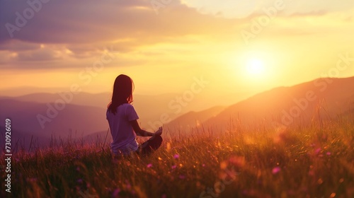 Woman practices yoga and meditates on mountain