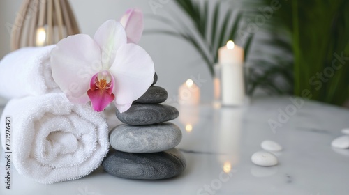 Composition of spa settings with orchid on gray background  spa stones  towels and orchid on grey