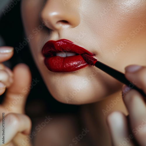 Makeup artist applies red lipstick . Beautiful woman face. Hand of make-up master  painting lips of young beauty model girl . Make up in process ai technology