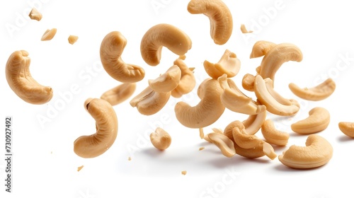 cashews are falling down on a white background