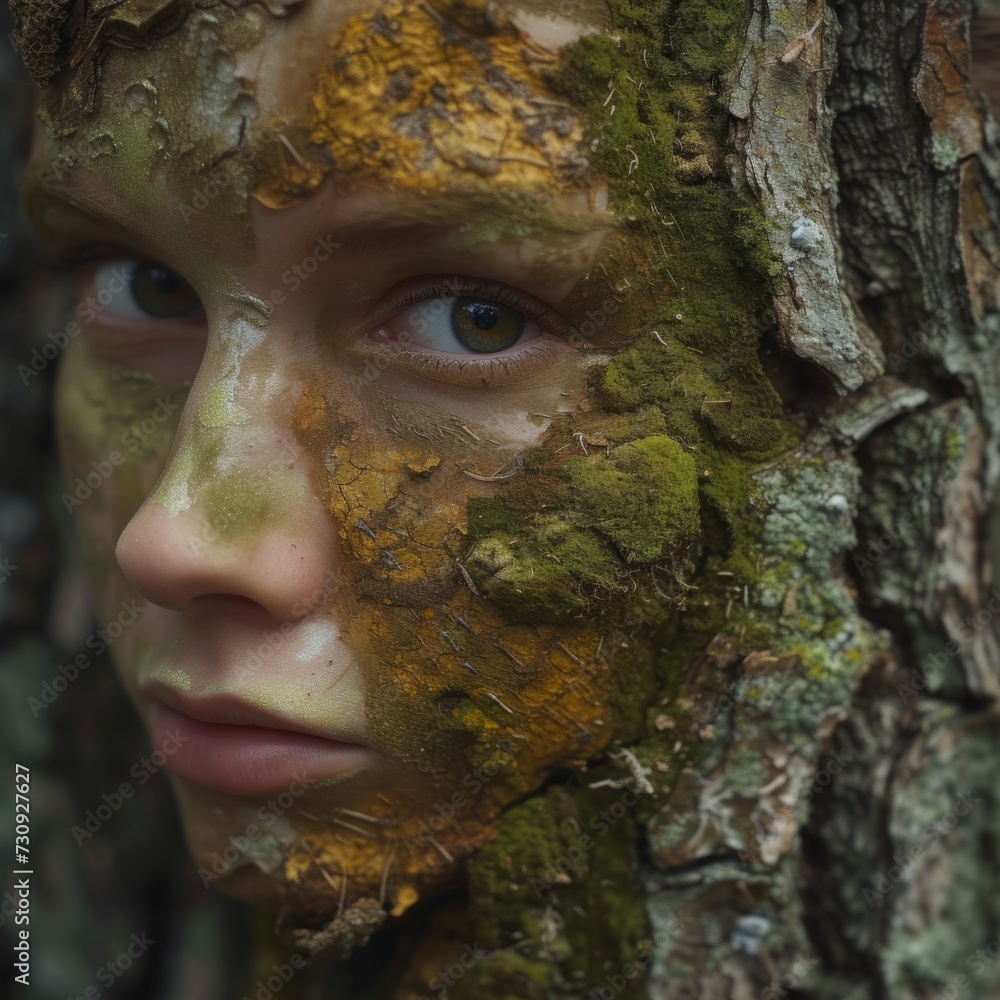 Close-up of a woman's face adorned with natural elements, representing a deep connection to the earth and its ecosystems Close-up of a woman's face adorned with natural elements, representing a deep connection to the earth and its ecosystems