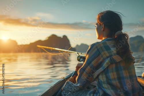 A woman hold fishing rod and looks out to the water on fishing boat photo