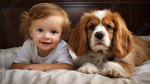 Small child lies on a bed with a dog. Dog and cute baby childhood friendship. Little boy and Dog 