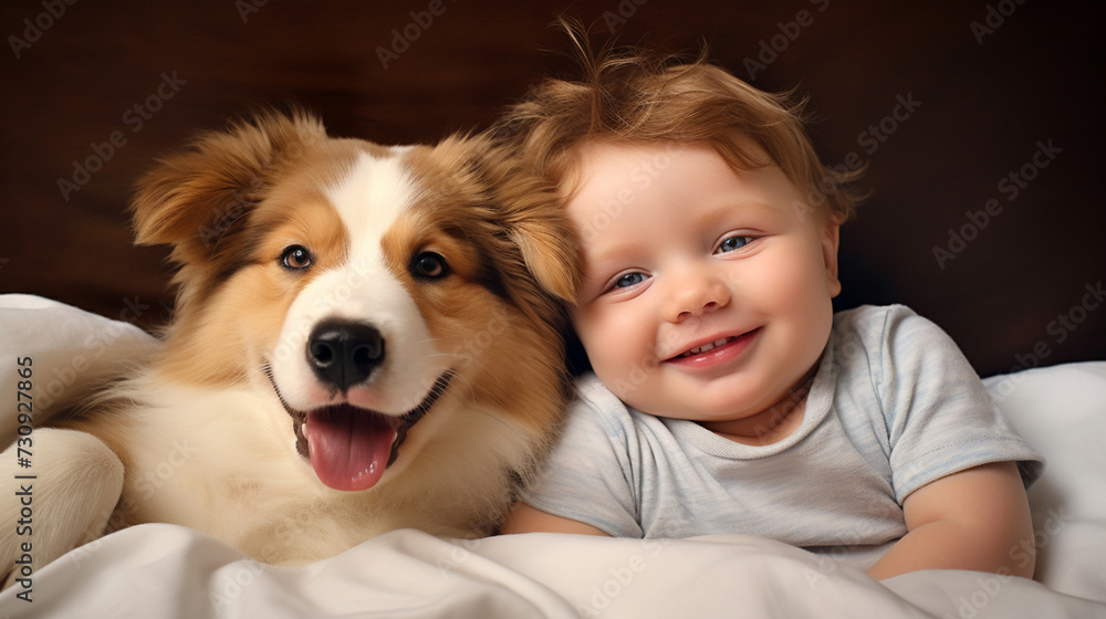 Small child lies on a bed with a dog. Dog and cute baby childhood friendship. Little boy and Dog
Small child lies on a bed with a dog. Dog and cute baby childhood friendship. Little boy and Dog