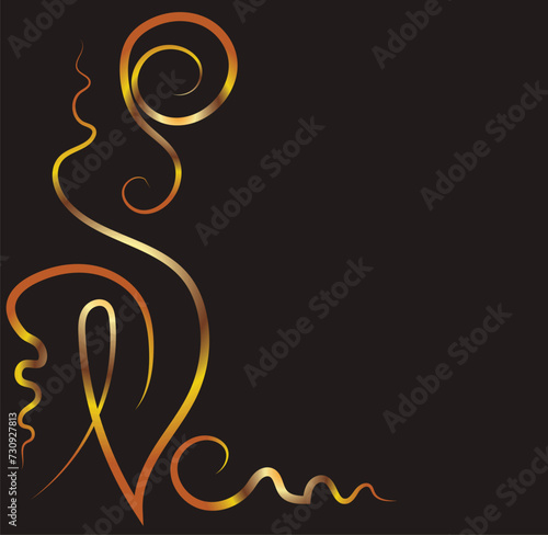 Fantasy ornament with curls. Ornament, applique, background. Gold gradient on a black background for printing on fabric, applique and cards.
