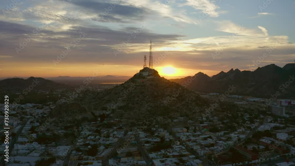 Aerial images of the Campana mountain in Hermosillo Sonora at sunset, This is the most iconic place in the city