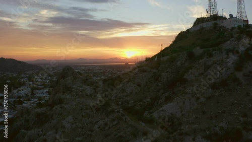 Aerial images of the Campana mountain in Hermosillo Sonora at sunset, This is the most iconic place in the city photo