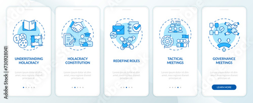 Strategy implementing blue onboarding mobile app screen. Holacracy walkthrough 5 steps editable graphic instructions with linear concepts. UI, UX, GUI template. Myriad Pro-Bold, Regular fonts used