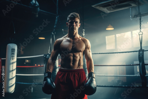Male Boxer do boxing training with punchbag on gym, bright light © Kien
